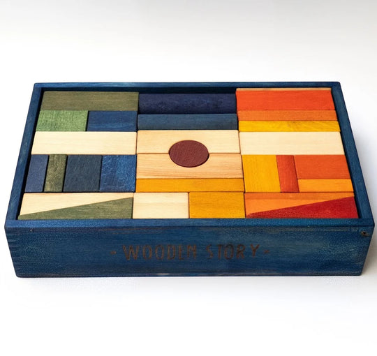 Regenbogenbausteine XL in blauer Holzbox – 63 Teile
