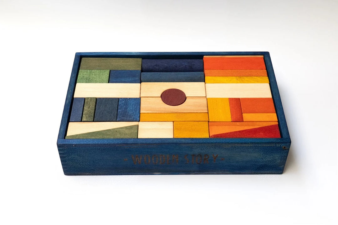Regenbogenbausteine XL in blauer Holzbox – 63 Teile
