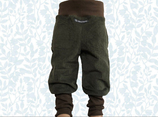 Corduroy harem pants in fir green (with black cuffs)