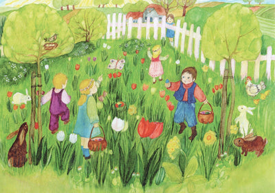 ✿ Kunstkarte 'Ostereiersuche/Blumenwiese'