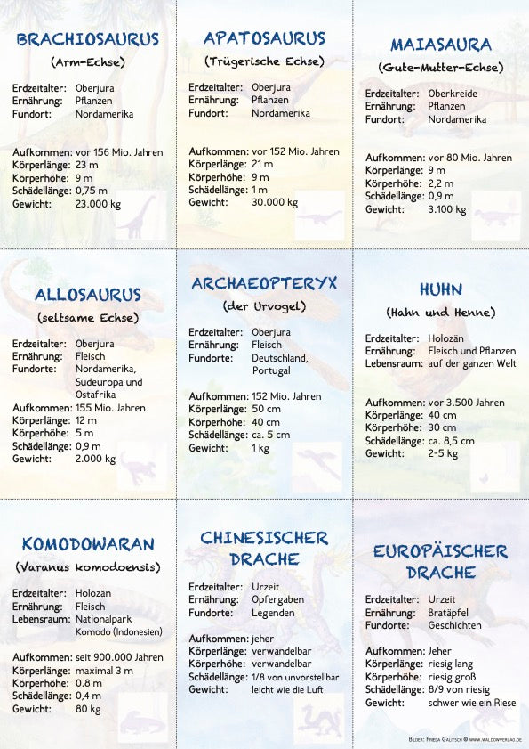 18 Dinosaurier-Bestimmungskarten