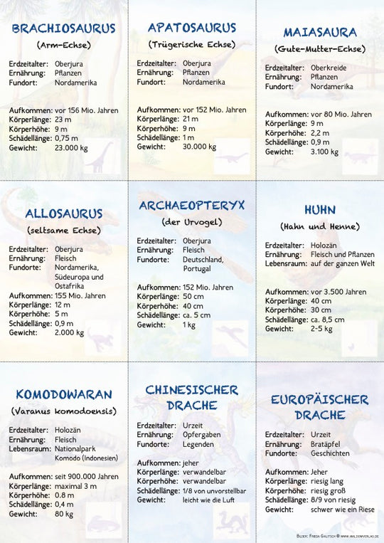18 Dinosaurier-Bestimmungskarten